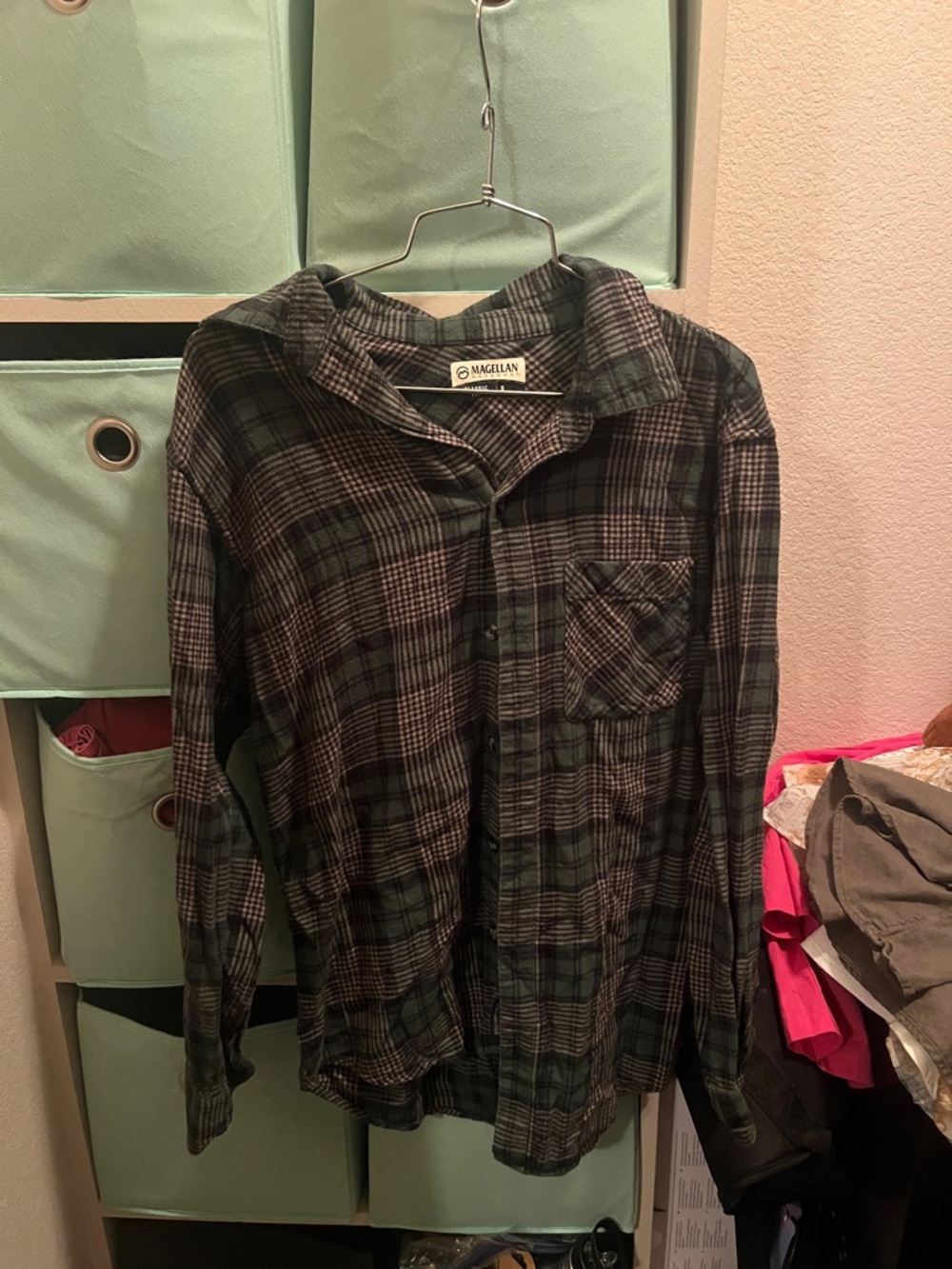 Magellan Outdoors Men's Dark Green and Black Plaid Button-Down Shirt